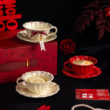 喜庆蝴蝶结陶瓷杯碟套装礼盒装咖啡杯结婚伴手礼订婚礼物乔迁礼品
