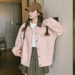 粉色麂皮绒工装外套女春秋2025新款甜美小个子学院风休闲夹克上衣