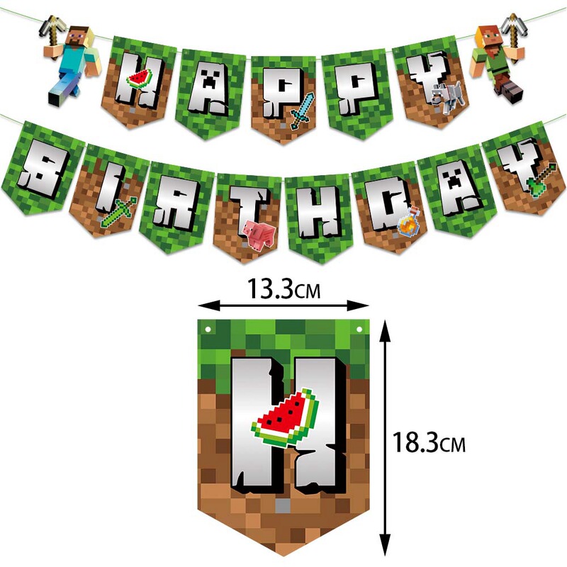 マインクラフト 誕生日パーティー デコレーションセット ピクセルバトル ハッピーバースデー フラッグ ケーキ デザート デコレーション|undefined