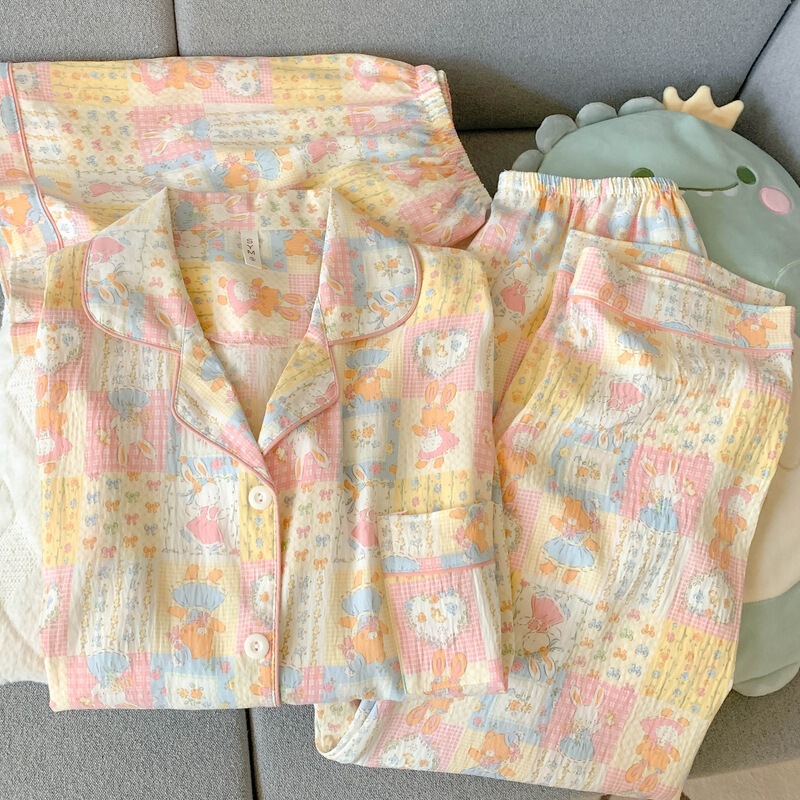 Japanese pink orange flower bear plus size pajamas women's spring and summer short sleeve cute girl three-piece suit manufacturers cross-border Japanese pink orange flower bear plus size pajamas women's spring and summer short sleeve cute girl three-piece suit manufacturers cross-border