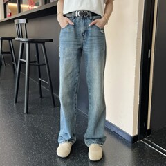 【KUAAO】美式牛仔裤男女直筒中腰宽松春夏款水洗做旧微宽松长裤