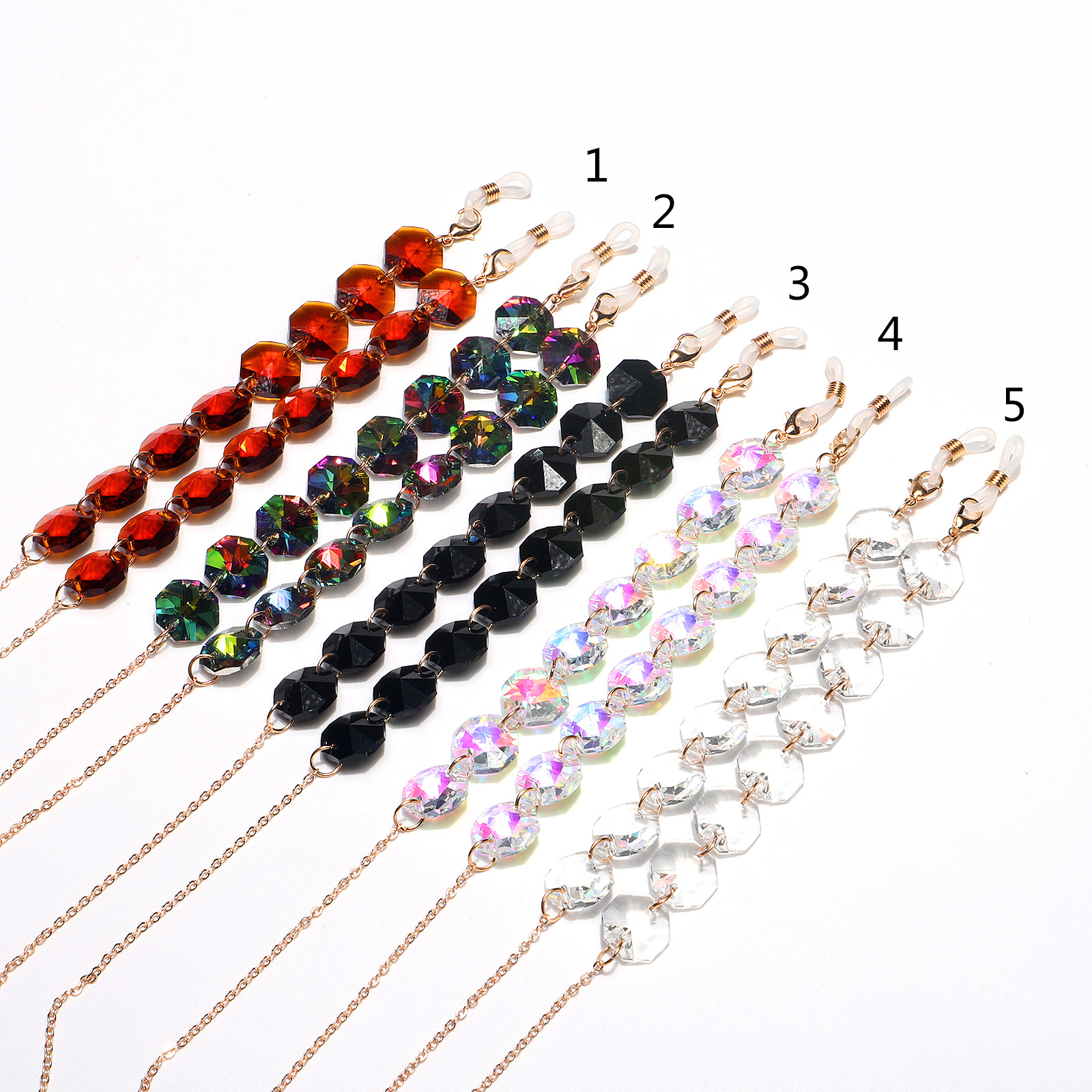 25g Weight Metal Material Transparent, Black Color Fashion Octagonal Crystal Multicolor Glasses Chain 无