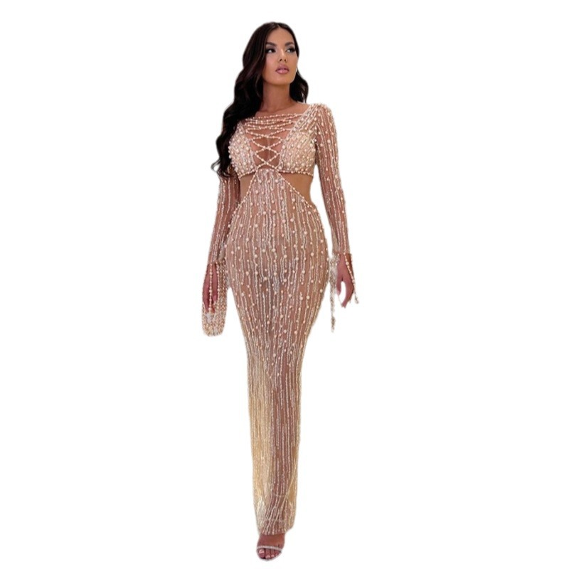 Abbigliamento da donna stile hot paillettes perline sexy trasparente scollo a V vestito cavo celebrità festa cena vestito_voghion.com