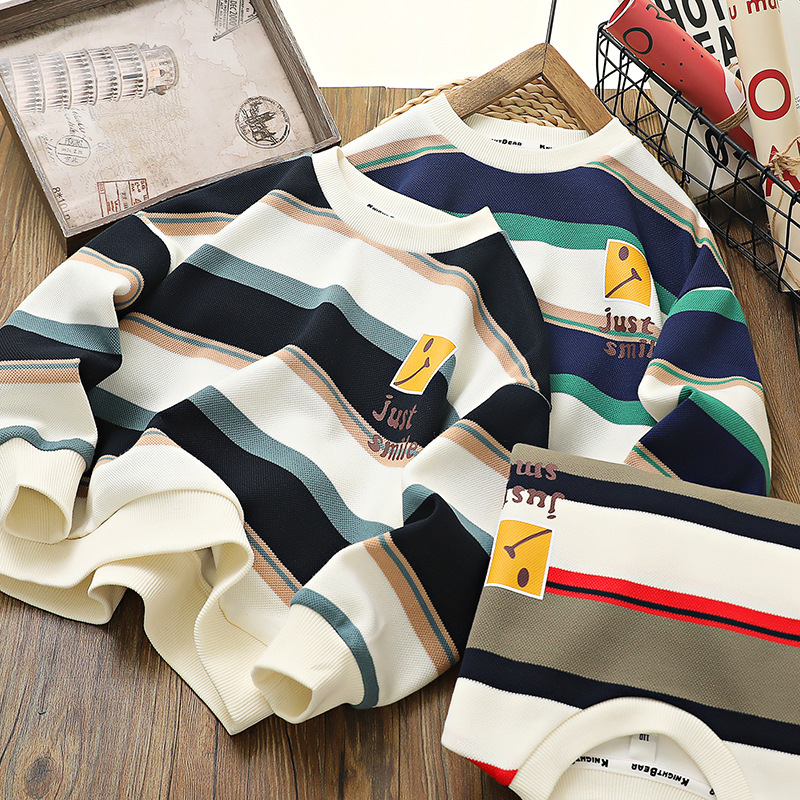 Boys' Sweatshirt 2026 Spring Children's Striped Top Boys' Long-Sleeve T-Shirt for Older Children Trendy Style Boys' Sweatshirt 2026 Spring Children's Striped Top Boys' Long-Sleeve T-Shirt for Older Children Trendy Style