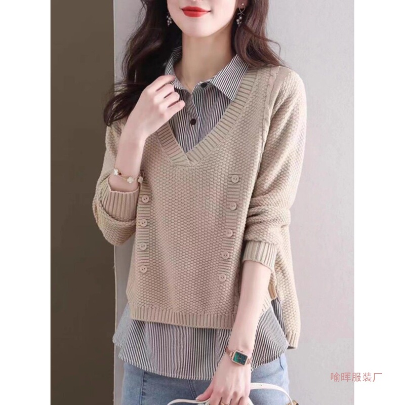 Shirt Collar Sweater Base Layer for Women, Spring and Autumn 2026 New Fashion Stylish Outerwear Fake Two-Piece Knit Top