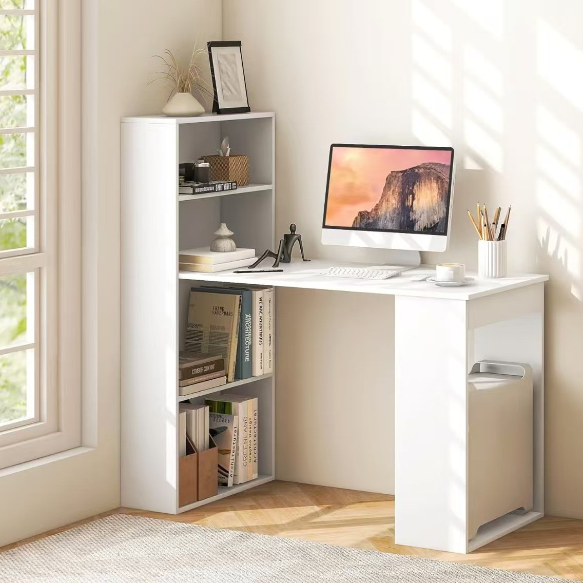 Agujero de gestión de cables escritorio de computadora portátil, escritorio de dormitorio, estación de trabajo de computadora (blanco)