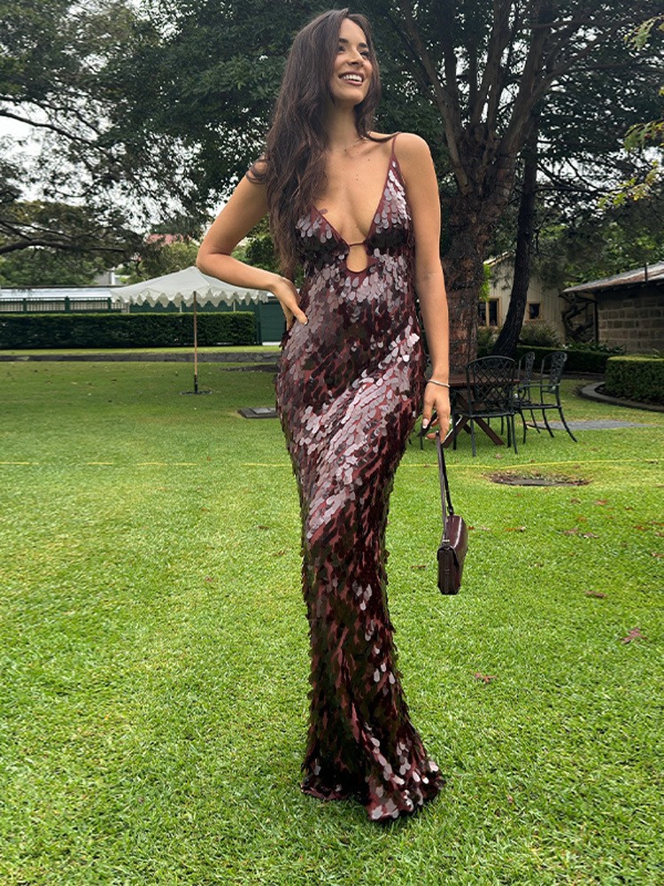 2025 European And American Sexy Women's Camisole Sequin Pure Desire Shiny Long Dress Cross-Border Hot Item Elegant_ecoleips.com