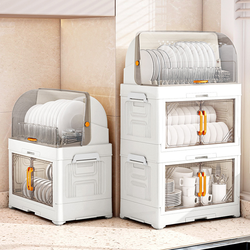 Cross-Border Multi-Layer Kitchen Drain Cupboard Flip-Top Folding Dust-Proof Dishware and Chopsticks Storage Rack Kitchen Tableware Storage Rack