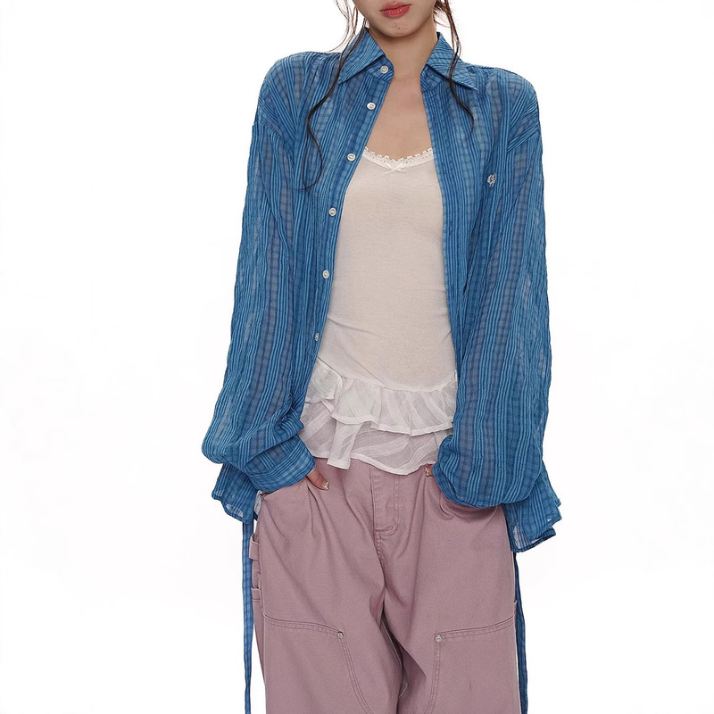 Moromoro Blue Plaid See-Through Mesh Back Slit Strap Embroidered Shell Label Loose Long-Sleeved Shirt for Women