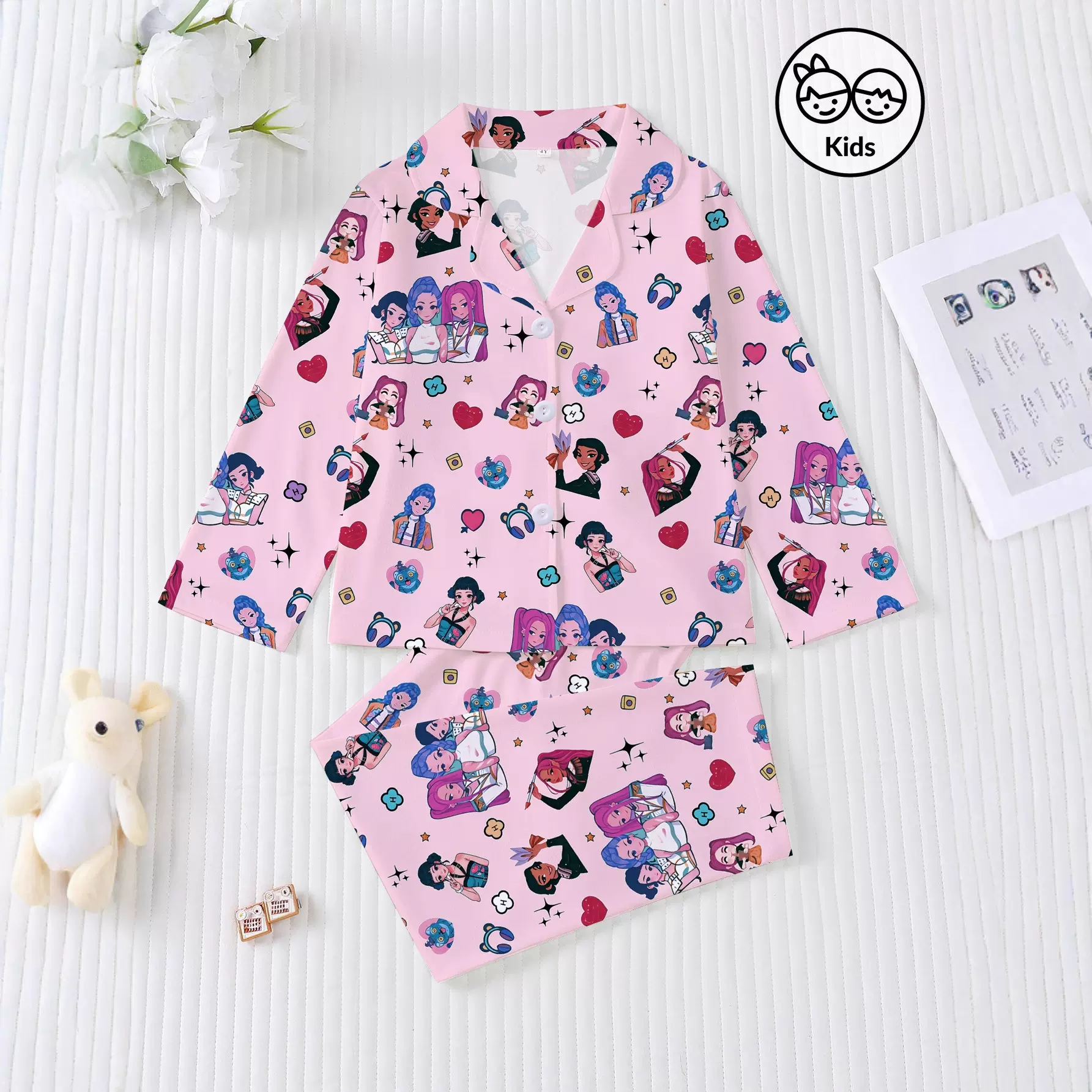 跨境外贸新款四季中童女孩睡衣套装长袖长裤开衫印花欧美童装睡衣