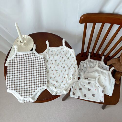 Baby Outfit  New Baby onesie with shoulder straps, grid pattern, diaper cover, triangle top, for little boys and girls crawling suit