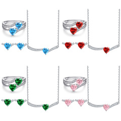 925 Pure Silver Heart-Shaped Sapphire Pendant Zirconia Necklace, Love Earrings, Colorful Gemstone Ring Set for Women