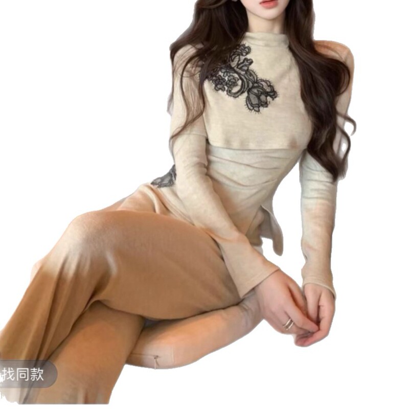 木子李 墨杏疏影 高级感杏色刺绣套装女秋季显瘦阔腿裤两件套|undefined
