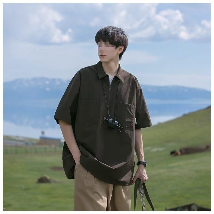 日系短袖男士夏季ins时尚潮牌polo衫翻领宽松百搭t恤高街工装外套