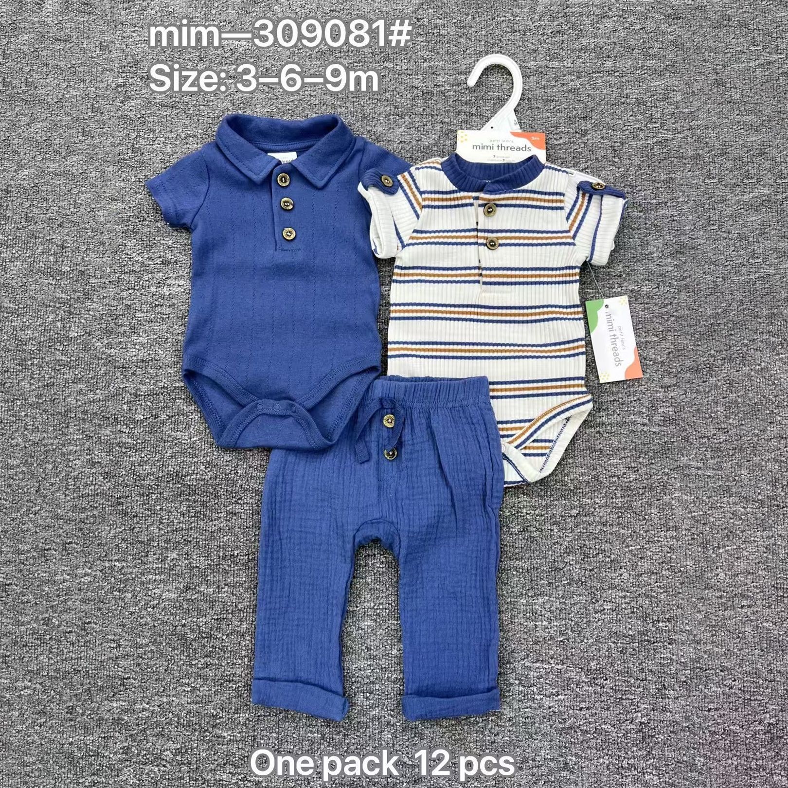 Decal recién nacido hombre tesouro con solapa de manga corta tres piezas conjunto de tela elástica rayada ropa de bebé verano delgada