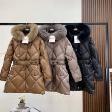 中长款max家羽绒服收腰系带菱格外套大狐狸毛领服装女士高端外套