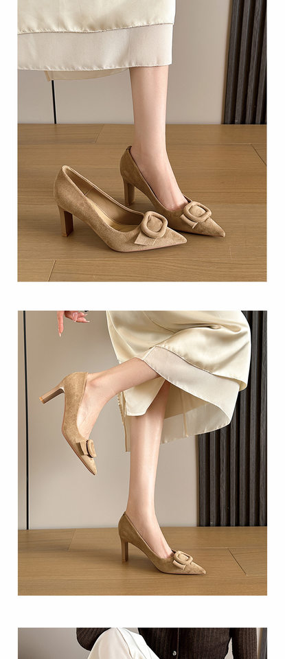 Giày cao gót mũi nhọn gót vuông da lộn, nơ 3D khóa vuông, gót 6–8 cm — Màu kaki, Màu đỏ rượu, Xanh lá cây, màu đen chi tiết 6