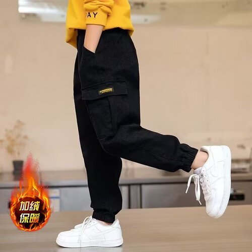 Children's Casual Work Pants Autumn/Winter New Style Versatile Work Pants for Older Children Integrated Fleece Warmth Pants Trendy