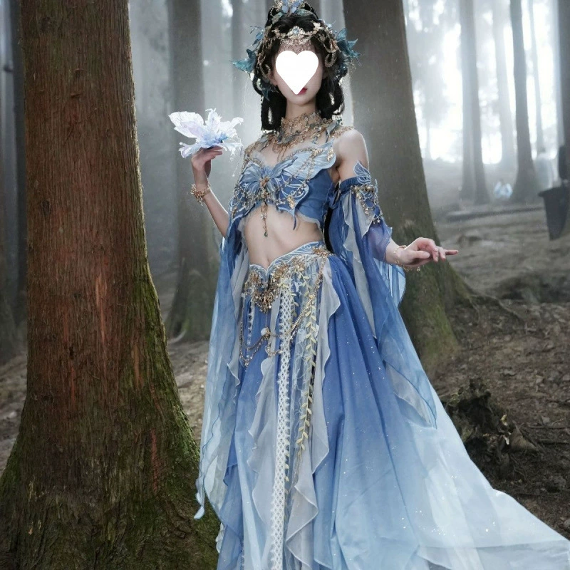 Летний комплект ханьфу 2025 года, оригинальный дизайн, бабочка, западный регион, девочка, экзотическая тяжелая вышивка, градиентный принт, фея, этнический стиль