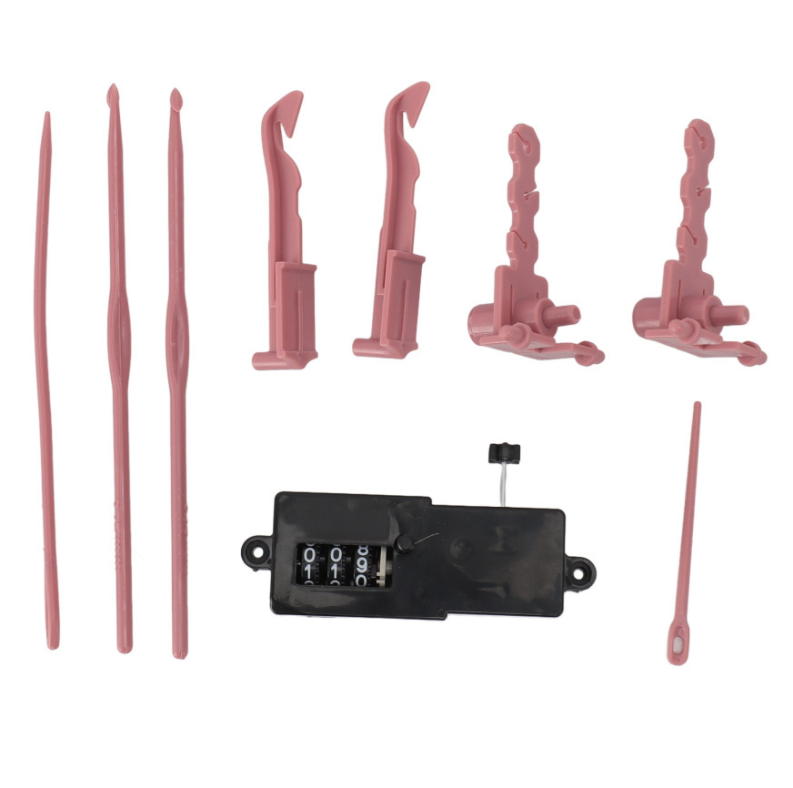 Agujas de sutura pequeñas Agujas de sutura media Agujas de sutura grandes Contador de ganchillo grande Agujas de ganchillo rosa 2 Dispositivo de gestión de cables 2