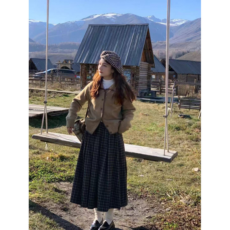 2025 Brown Plaid Skirt Thickeneded Japanese Style Autumn and Winter Versatile Woolen Long Skirt