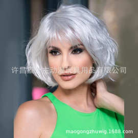 欧美时尚女士短款银白色 短梨花假发 化纤高温丝玫瑰网头套现货