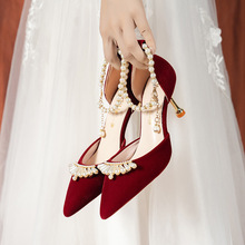珍珠扣紅色法式婚鞋2023年新款夏季中式秀禾服結婚新娘鞋高跟鞋女
