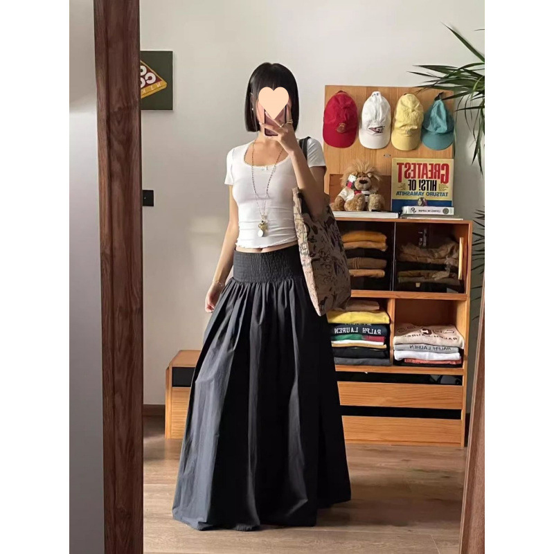 白色赫本小众显瘦松紧半身裙女夏季高腰休闲宽松显瘦通勤百搭长裙|undefined
