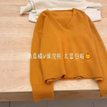 橘色v领宽松冬季加厚套头毛衣女秋冬小个子针织衫上衣宽松型