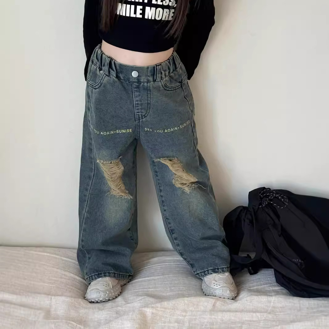 瑜瑜公主 男女童复古做旧破洞牛仔裤 儿童秋季新款字母印花阔腿裤