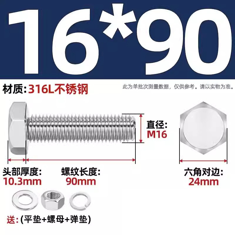 316L acero inoxidable perno hexagonal macho conjunto de tuerca de tornillo conjunto de cojín elástico plano completo M6M8M10M12-M20 image 188