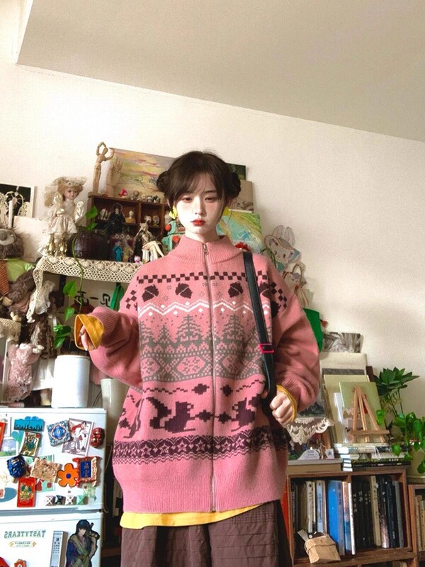 美式复古立领提花开衫毛衣男女秋冬费尔岛情侣针织衫外套|undefined