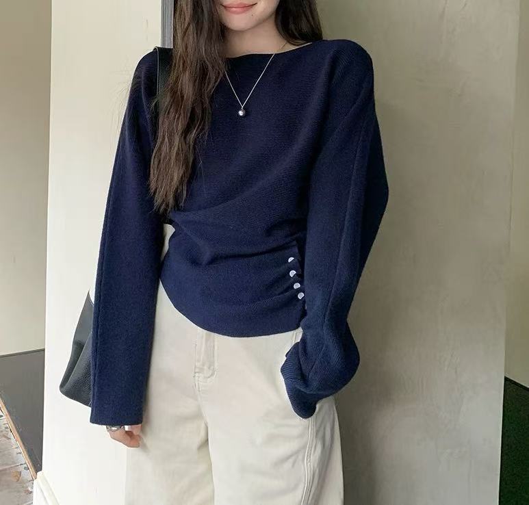 优雅气质设计感侧边抽褶针织衫女秋季内搭毛衣收腰短款打底衫上衣|undefined
