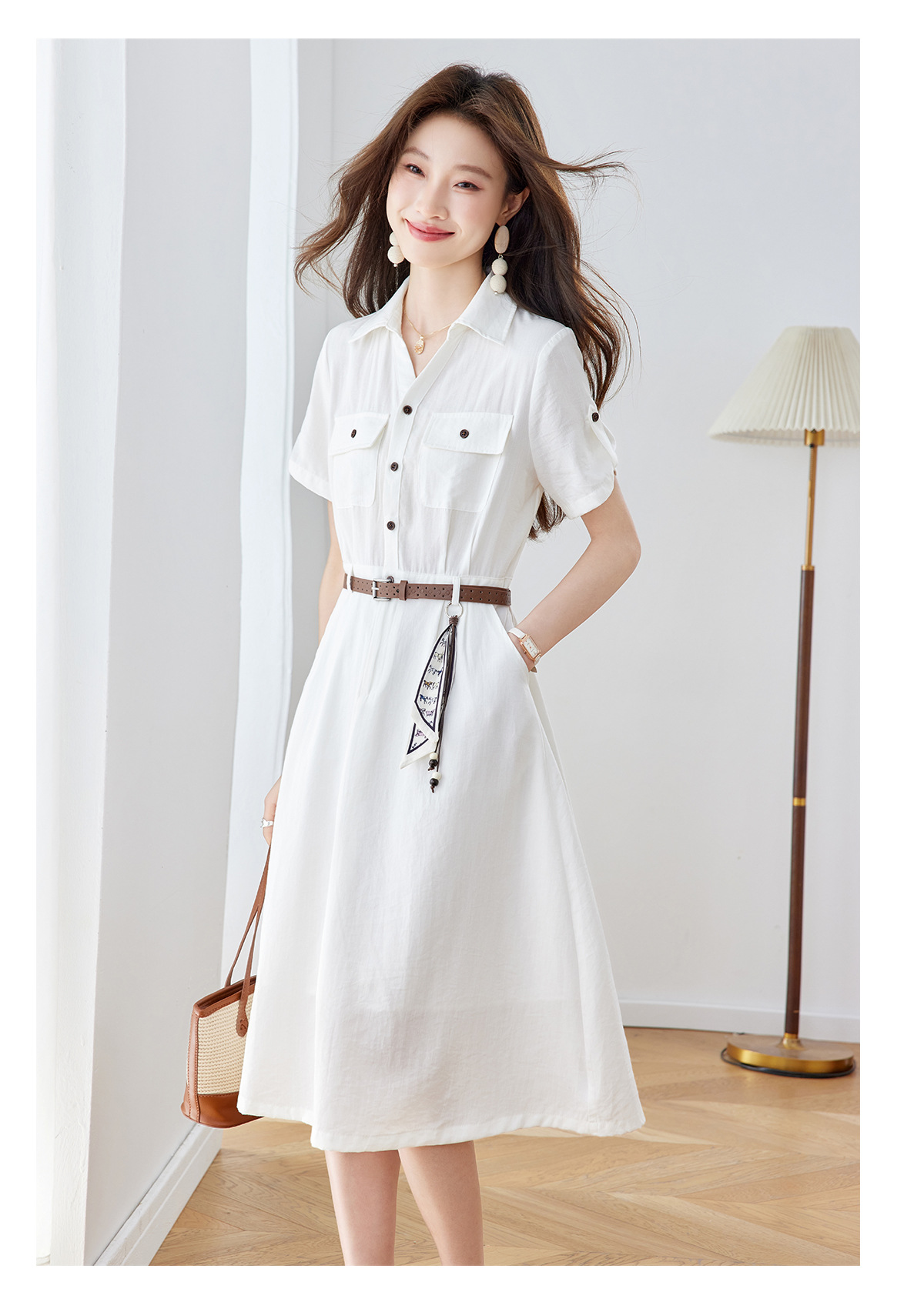 Đầm maxi nữ cổ bẻ thắt eo dáng suông kèm dây lưng — Xanh lông mòng đen, màu trắng chi tiết 22