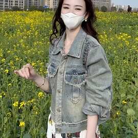 毛边流苏镶钻牛仔外套女小个子春秋高腰短款重工钉珠工装夹克上衣