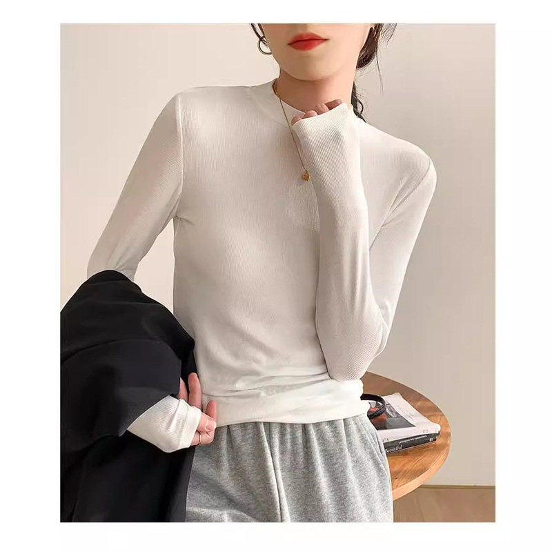 Small Stand-Up Collar Boss Lady Style Solid Color Half-High Collar Pure Desire Solid Color Base Shirt Knit Top Sleeve T-Shirt Small Stand-Up Collar Boss Lady Style Solid Color Half-High Collar Pure Desire Solid Color Base Shirt Knit Top Sleeve T-Shirt