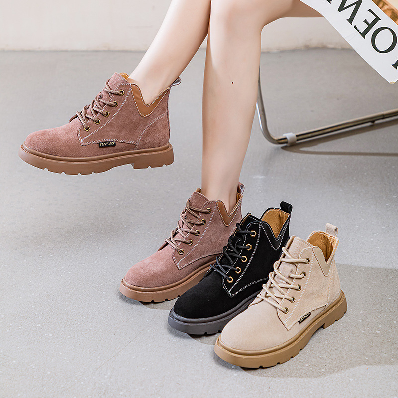 2026 Autumn and Winter New Style Fleece-Lined Genuine Leather Martin Boots for Women, Cowhide Flat Lace-Up Short Boots, Large Size Women's Shoes 41-43