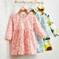 Long-sleeve checkered floral dress with bow tie, spring and autumn new girls' dress princess dress factory