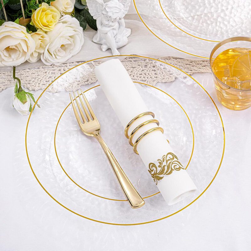 175Pcs Plastic Dinnerware Set Transparent Gold Plastic Plates Thanksgiving Party Disposable Dessert Plates Tableware