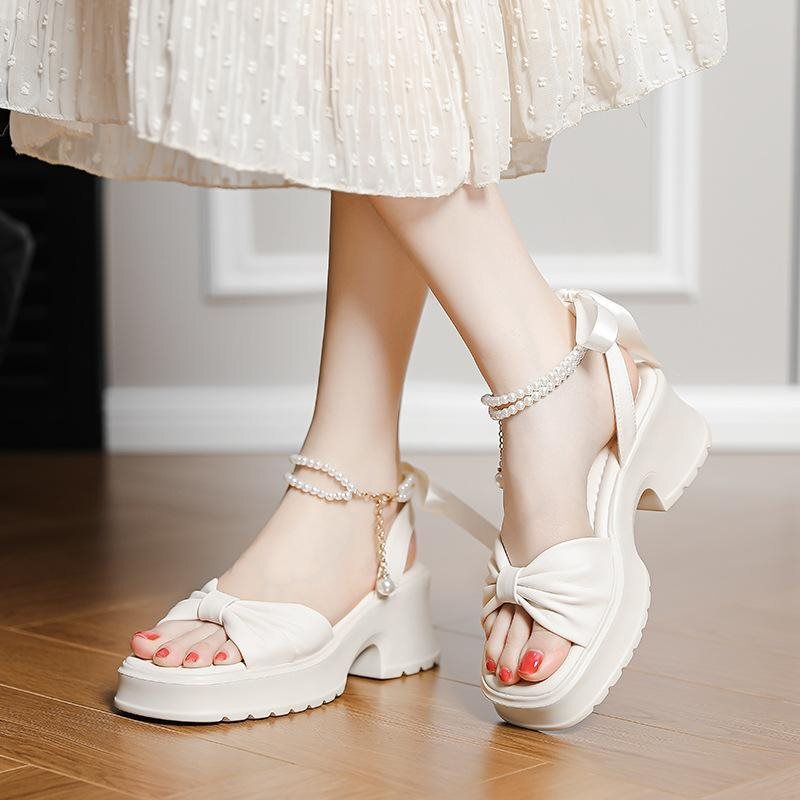 Summer Sandals That Don'T Tire Your Feet, Gentle Fairy-Style Pearl Bow Thick-Heeled Platform Sandals for Women, with a Stepping-On-Clouds Feel, Height-Increasing Roman Shoes Summer Sandals That Don'T Tire Your Feet, Gentle Fairy-Style Pearl Bow Thick-Heeled Platform Sandals for Women, with a Stepping-On-Clouds Feel, Height-Increasing Roman Shoes