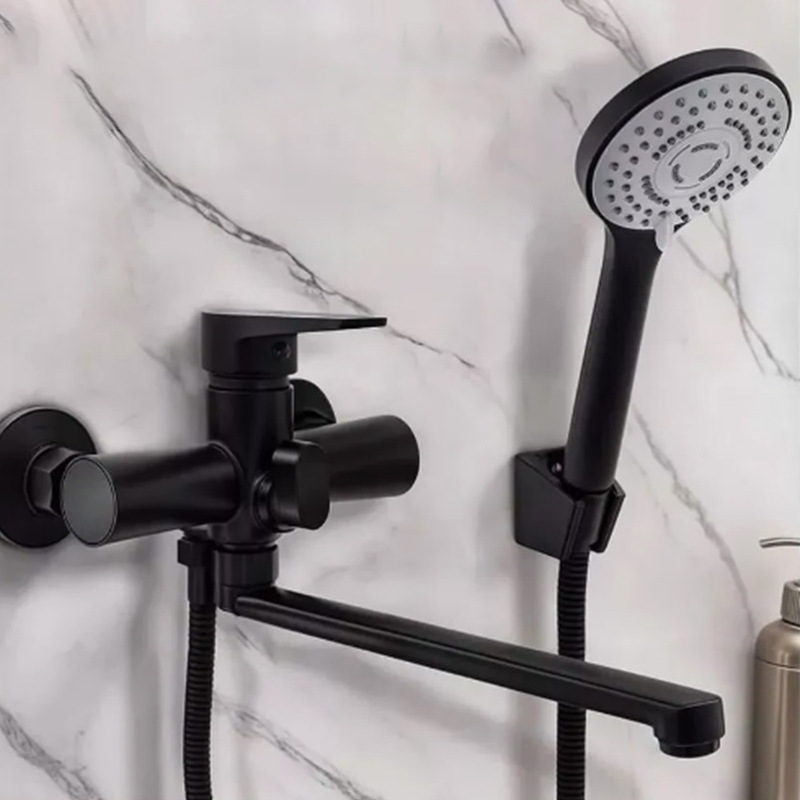 Russian black bathtub faucet in-wall hot and cold open-mounted mixing valve with outlet shower suit