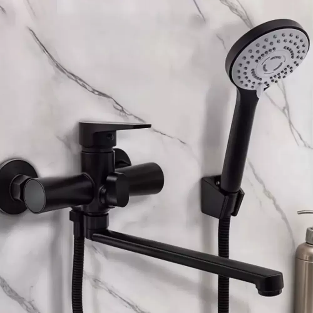 俄罗斯黑色浴缸水龙头入墙式冷热明装混水阀带下出水淋浴花洒套装