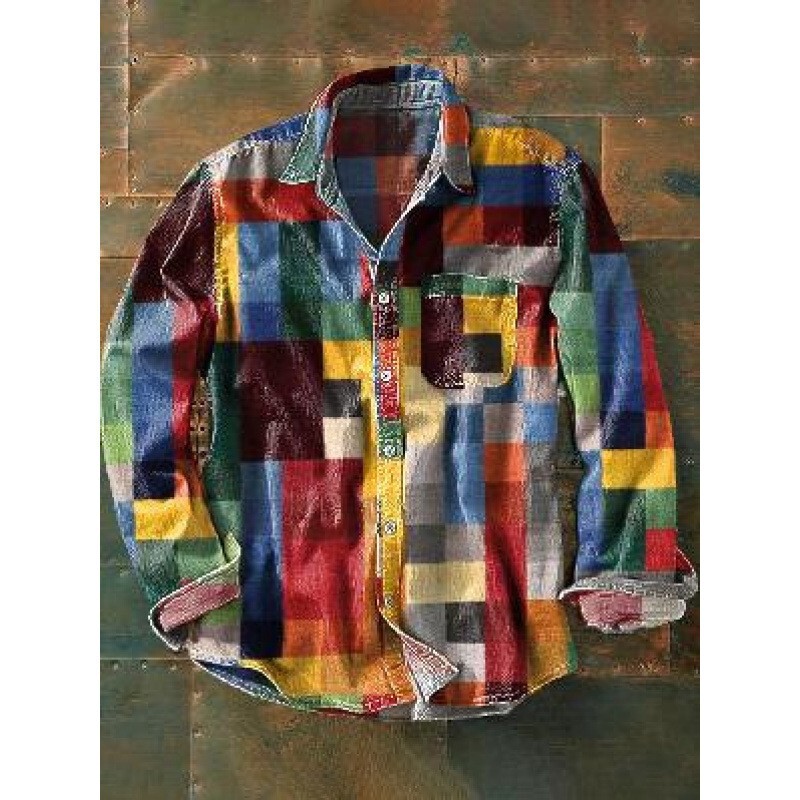 Amazon Twill Shirt Retro Resort Style Hot-Selling Color Matching Printed Trendyy Men's Long-Sleeved Button Top