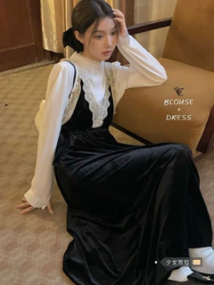 感秋季小众蕾丝丝绒吊带法式收腰长裙裙子设计拼接新款连衣裙女装
