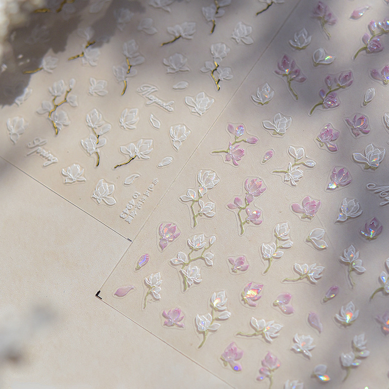Magnolia pegatinas de manicuras flores blancas 5D estereoscopio relieve primavera pequeña decoración de uñas frescas pegatinas de patrón pequeño