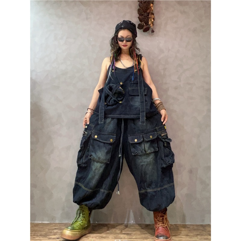 Personalidad de moda cool chaleco de calles sin mangas de bolsillo vaqueros pantalones de trabajo sueltos ociosos grandes set de moda image 2