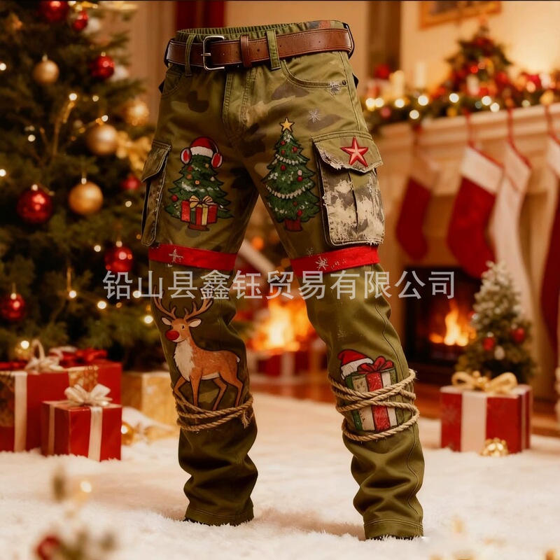 New Christmas-themed 3D printed pocket cargo pants for men, red and green diamond pattern with Santa Claus and reindeer designs, cross-border New Christmas-themed 3D printed pocket cargo pants for men, red and green diamond pattern with Santa Claus and reindeer designs, cross-border