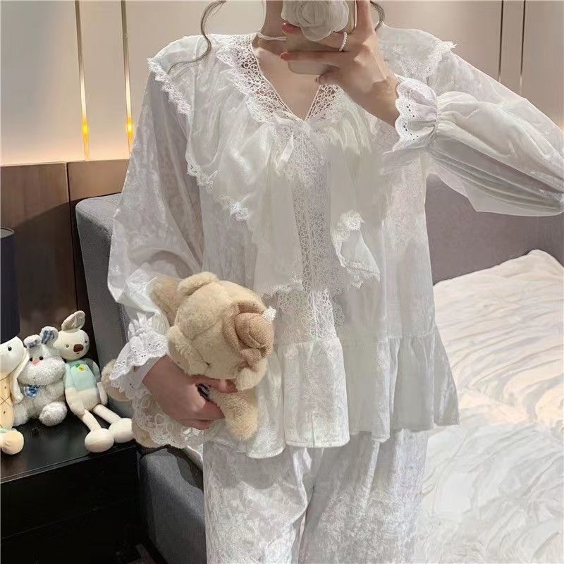 플러스 사이즈 200 진 다이아몬드 벨벳 잠옷 가을 겨울 여자 황금 벨벳 달콤한 레이스 공주 바람 그물 붉은 바람