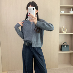 慵懒风撞色翻领双拉链针织开衫女士2025秋冬新款宽松显瘦毛衣外套