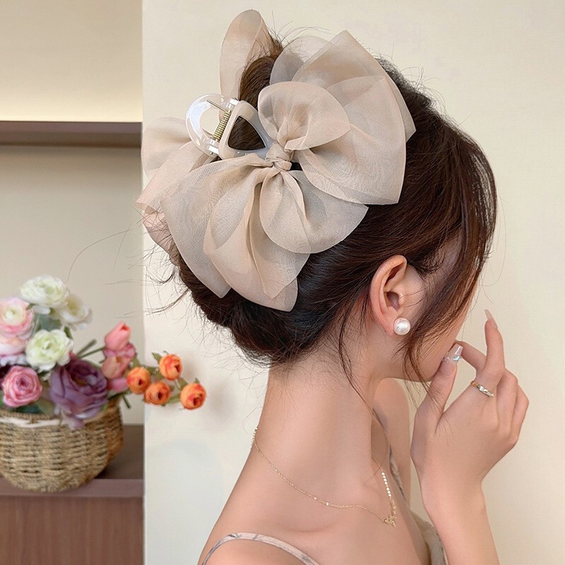 ハイエンドのパールリボングリッパー、女性用の大きなヘアピン、後頭部のヘアピン、エレガントなサメクリップ|undefined
